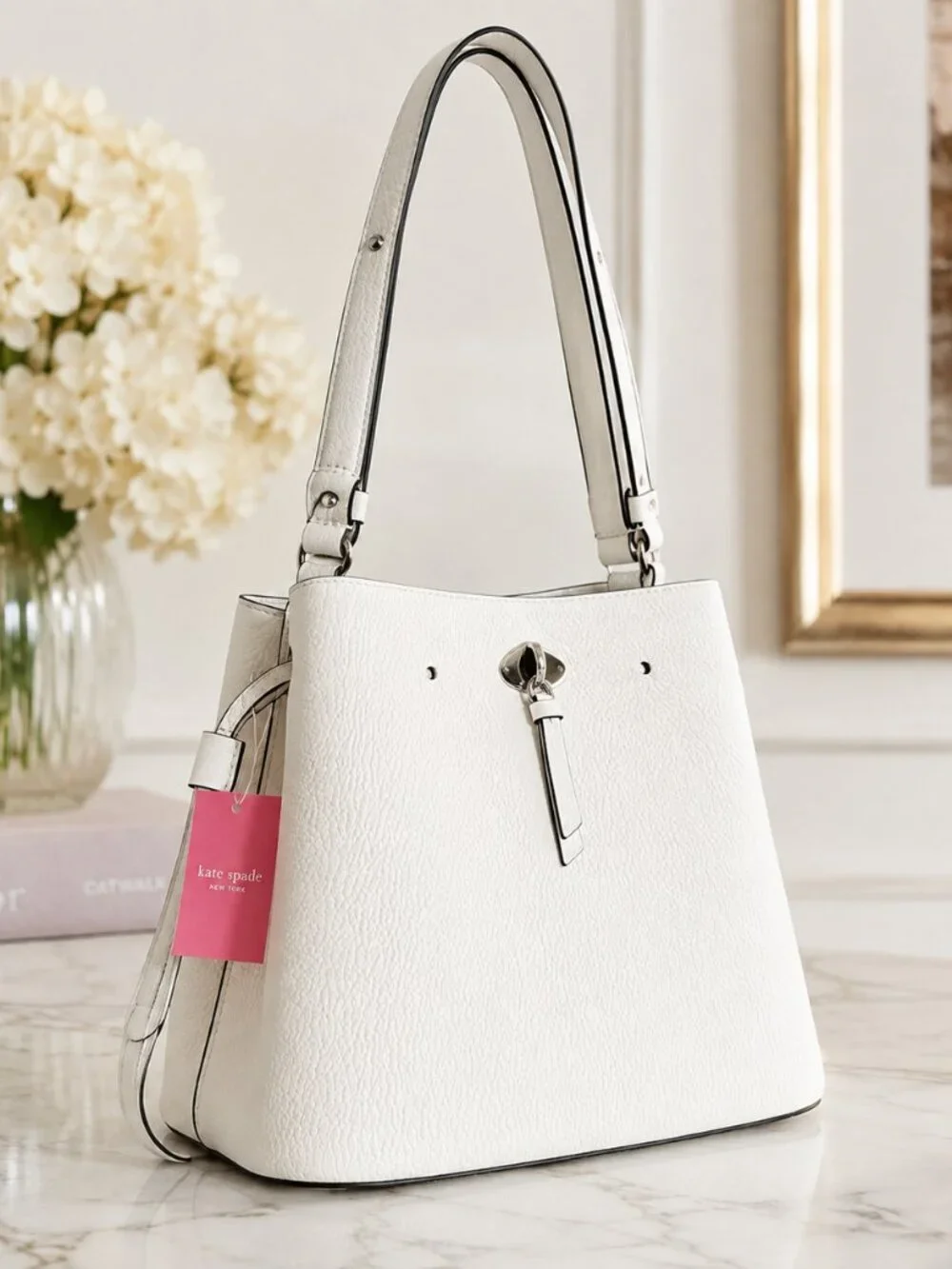 Kate Spade Small Bucket Bag White Dove Pebbled Leather Turn Lock NWT